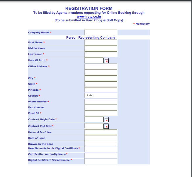 IRCTC Agent Registration Form 